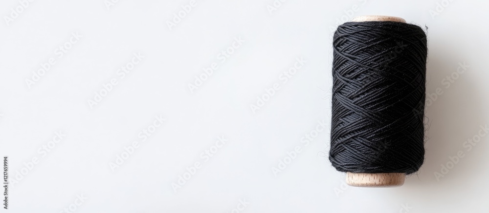Poster black yarn spool isolated on white background with ample copyspace for creative text or design use
