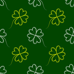 A seamless St. Patrick's Day pattern with hand-drawn white and yellow clovers on a green background. Perfect for festive decorations, wallpapers, and holiday designs.