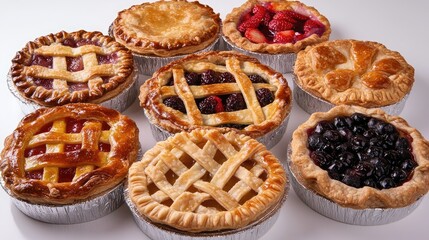 Assorted mini fruit pies showcasing a variety of delicious fruit fillings in golden crusts perfect for dessert displays and catering events