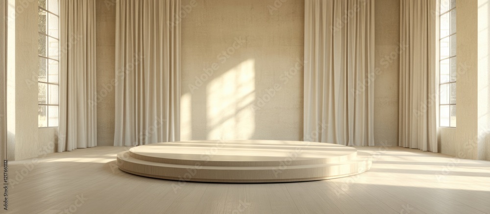 Poster blank circular podium in minimalist room with ample copyspace for text and natural light illuminatin