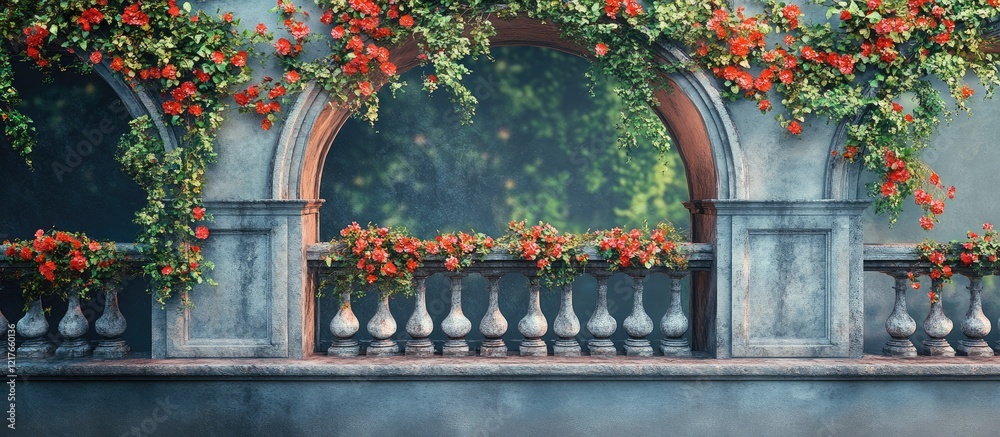 Poster Bridge with decorative arches and vibrant flowers creating a serene setting with ample copy space for text placement and design elements.