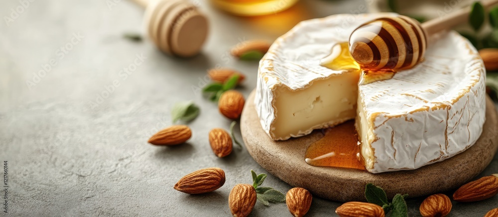 Poster brie cheese with honey and almonds on wooden board empty space for text or label design
