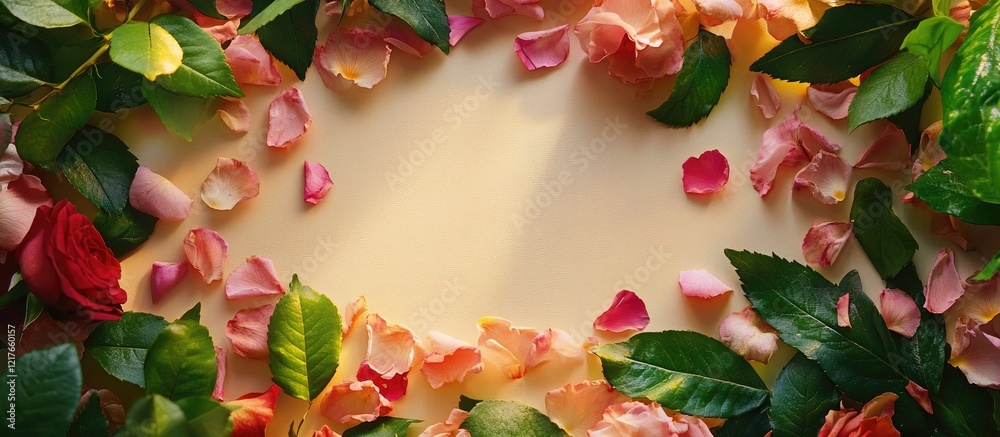 Poster Vibrant floral frame featuring soft petals and lush greenery with ample copy space for text inclusion and creative design applications