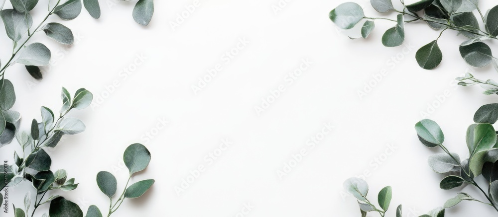 Poster Elegant black horizontal frame mockup surrounded by green foliage on a clean white background ideal for adding personalized text or designs