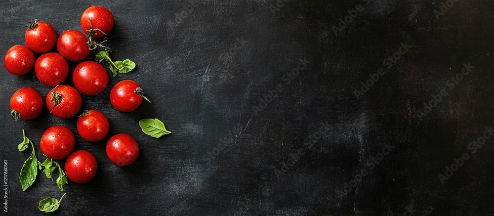 Aufkleber Fresh Red Tomatoes Arrangement on a Dark Chalkboard Background with Copyspace for Text and Culinary Design Elements