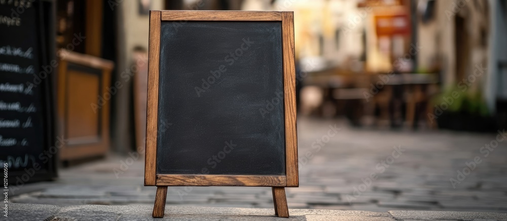 Aufkleber Blank Black Chalkboard Sandwich Board in a Cafe Street Setting Ideal for Menu or Promotional Text with Empty Space for Customization