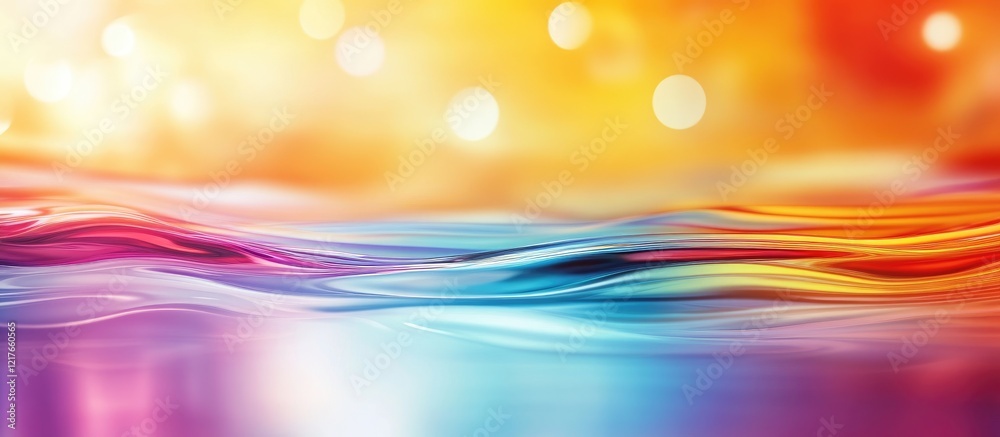 Poster Vibrant abstract background featuring colorful water waves and bokeh reflections with ample space for text or captions.