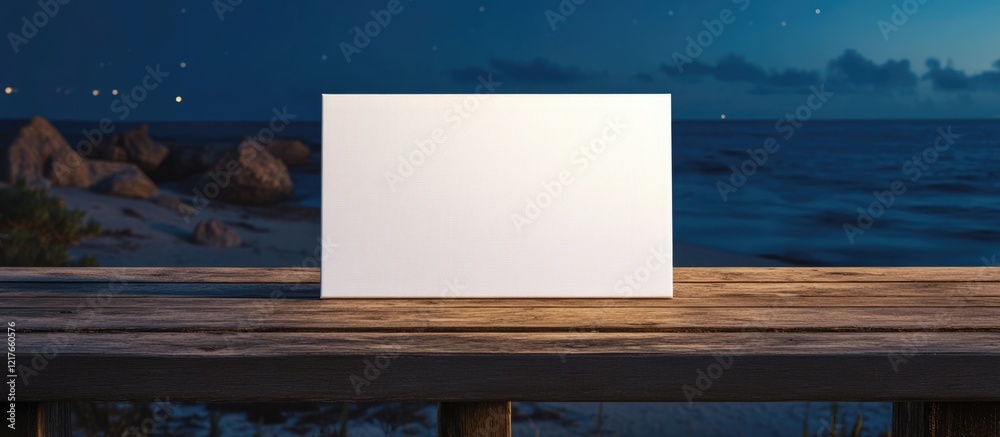 Poster Blank Canvas on Wooden Table by Night Beach Scene with Calm Ocean Background Ideal for Text and Creativity Concepts