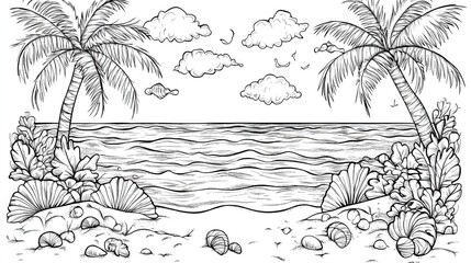 Coloring page featuring a serene tropical beach with palm trees, seashells, and gentle waves in the background