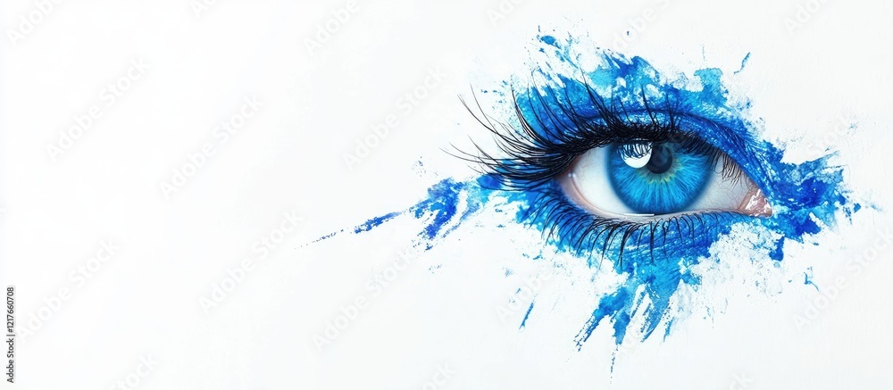 Poster bright blue eye with vibrant eyelashes and artistic paint splashes on white background ideal for tex