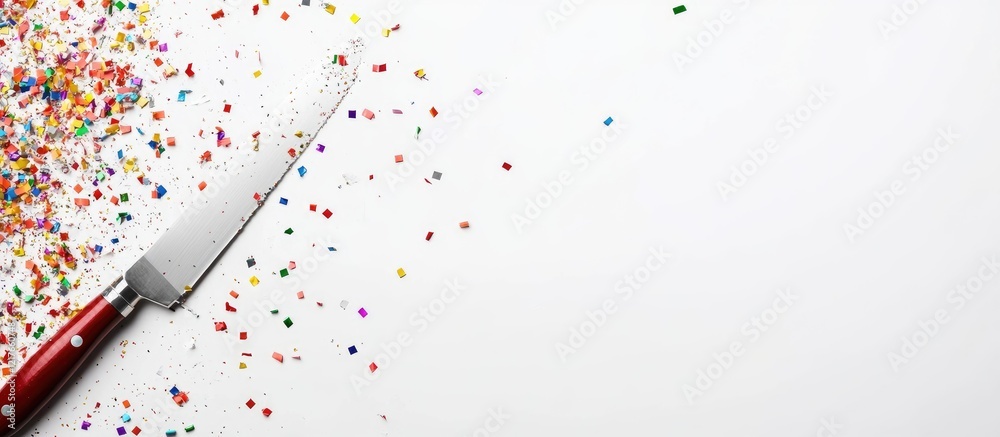 Aufkleber Blade and Colorful Confetti on Bright White Background with Empty Space for Textual Content and Creative Designs