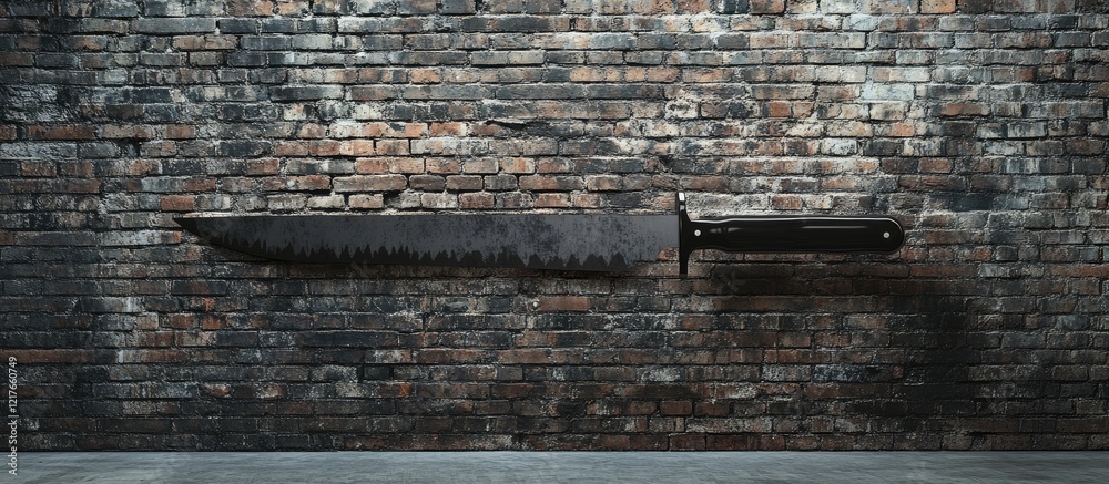 Poster brick wall interior with large knife displayed creating unique dramatic background for creative text