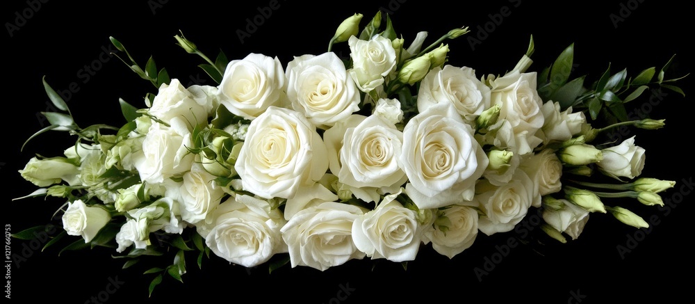 Aufkleber Elegant bridal bouquet with white roses and eustomas on a dark background with ample copy space for text and design elements.