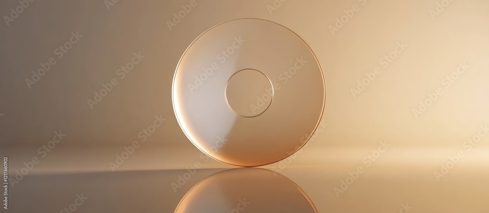 Poster minimalist circular object on a reflective surface with soft warm lighting and copy space for text p