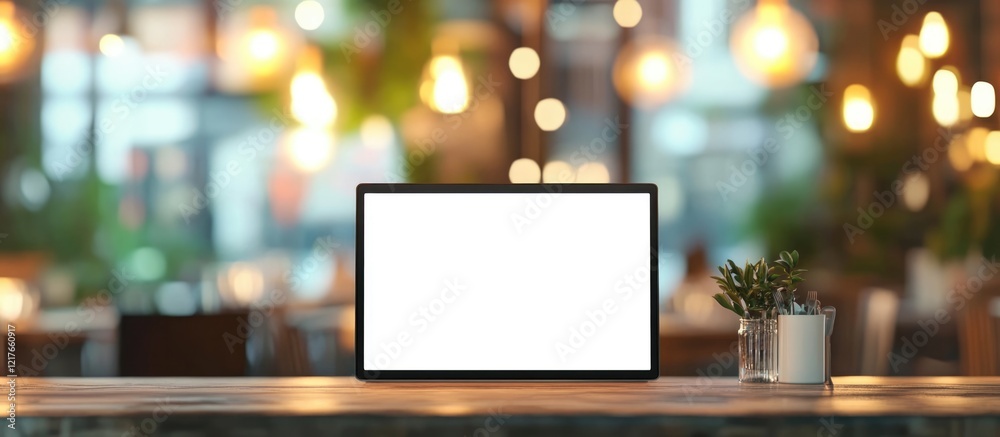 Poster empty tablet with copyspace in blurred restaurant setting ideal for text or promotions in a cozy atm