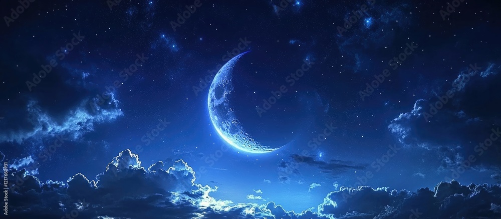 Poster Crescent moon illuminated in a clear night sky with vibrant colors and ample empty space for text or graphic overlay.