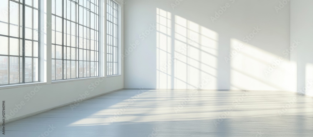 Poster Spacious and luminous loft-style apartment interior featuring large windows and ample empty space for creative text placement