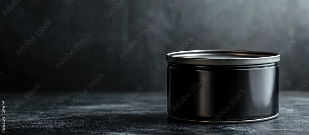 Aufkleber Black tin food can on dark background with ample empty space for text and branding next to the can in a close-up view.
