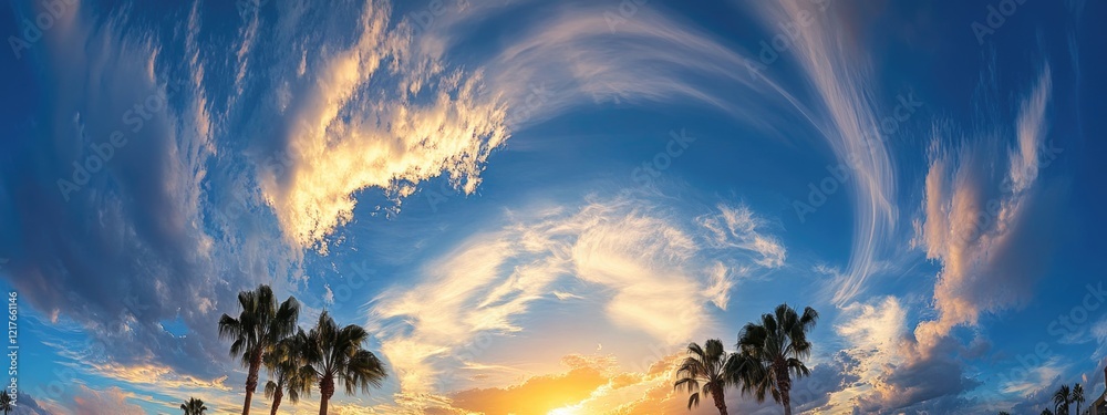 Poster Dramatic sunset sky over palm trees with vibrant clouds creating a serene beach atmosphere and ample space for text in summer evening light