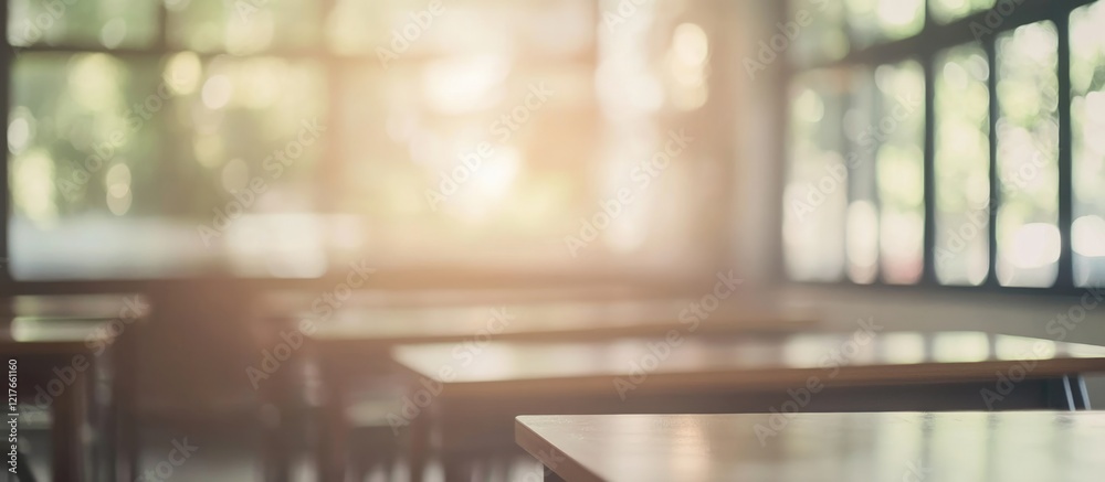 Poster blurred classroom interior with out of focus desks and natural light ideal for text placement and ed