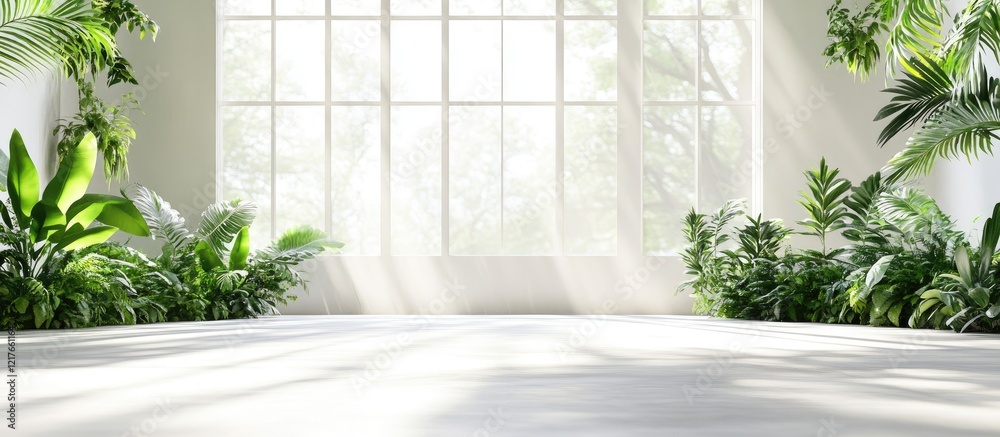 Poster Serene indoor space filled with lush greenery and ample light creating an inviting atmosphere with space for text inclusion