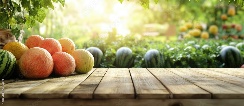 Poster Fresh Fruit Stand Display Featuring Watermelons and Oranges with Natural Background and Empty Copyspace for Promotional Text