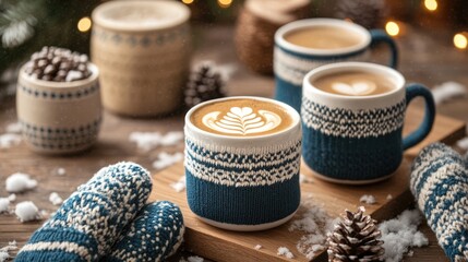 Fototapeta premium Cozy winter scene with knitted mugs and mittens on wooden table surrounded by pine cones and snow Copy Space