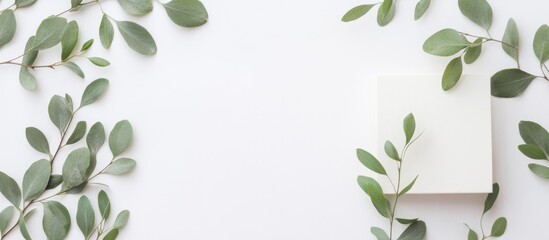 Minimalist blank calendar with green leaves on a white background providing ample copyspace for personalized text or notes