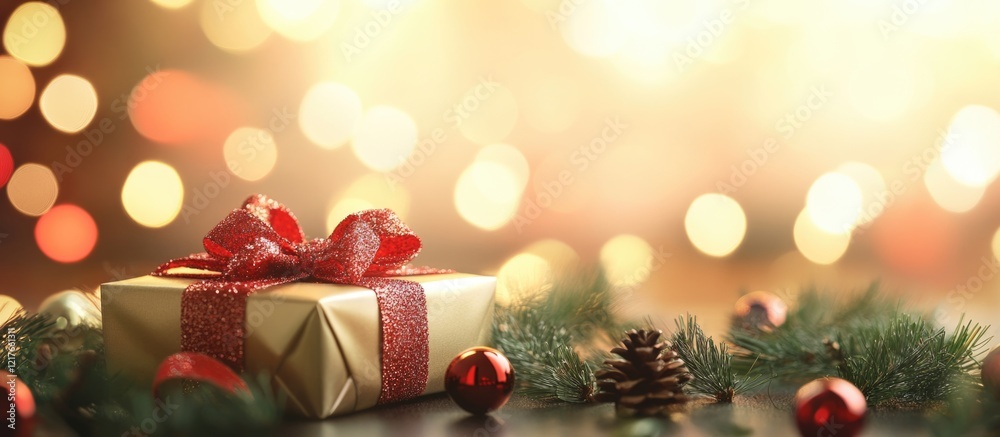 Poster holiday bokeh background with gift box and christmas decorations ideal for promotional use with spac