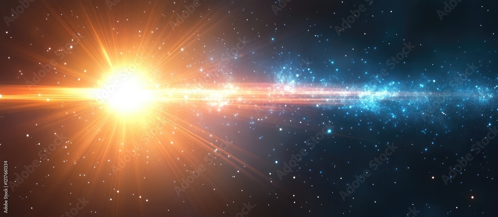 Poster Vibrant Cold Gradient Space Background with Stars and Sunburst Effect Ideal for Text Overlay or Cosmic Themed Designs
