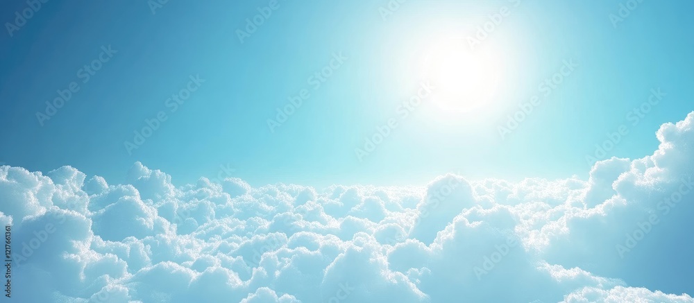 Poster bright blue sky with fluffy white clouds and radiant sun providing ample empty space for text and cr