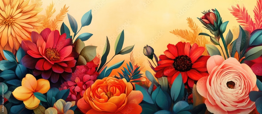 Poster vibrant summer floral bouquet banner with colorful flowers and empty space for custom text or promot