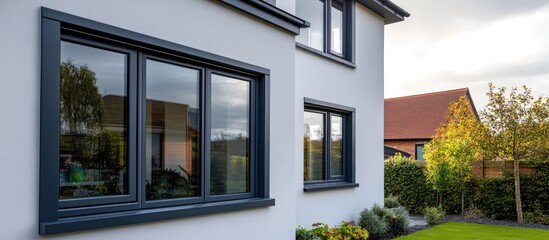 Modern residential building exterior featuring large gray windows with landscaped garden and trees in the foreground Copy Space