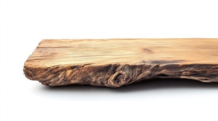 Natural wood slab with detailed texture and grain on a white background with ample Copy Space for text placement.