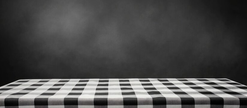 Black and white checkered tablecloth on wooden table with dark background suitable for product display Copy Space