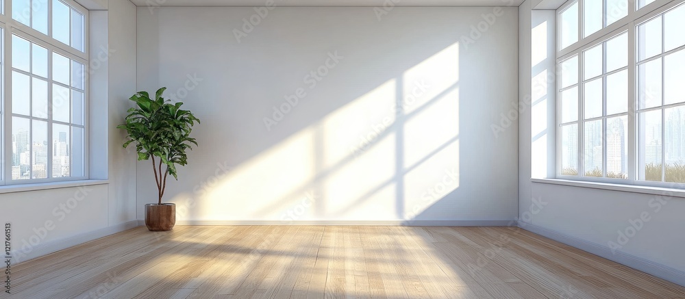 Poster modern minimalist living room with abundant natural light and clear walls for custom text placement