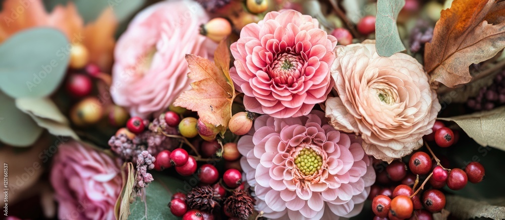 Poster delicate pink floral bouquet with dried leaves and berries showcasing empty copyspace for text in a 