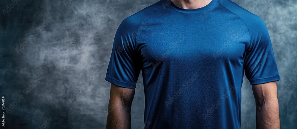 Poster dark blue sports shirt with short sleeves on gray background displaying empty copyspace for promotio