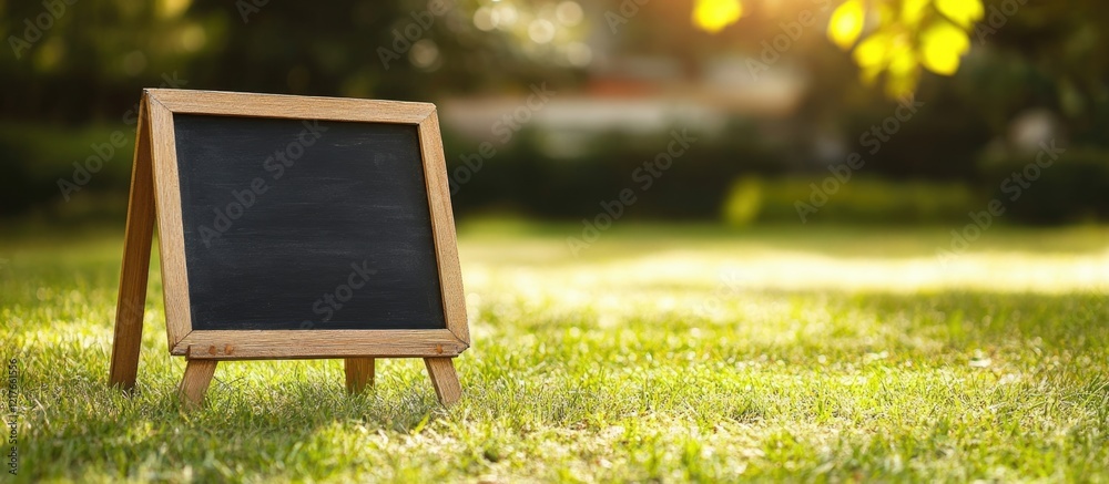 Poster Outdoor blank chalkboard menu sign on grass with empty copy space for text in a sunny environment