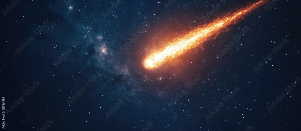 Poster vivid cosmic fireball streaking through the night sky with deep space backdrop and ample blank area 