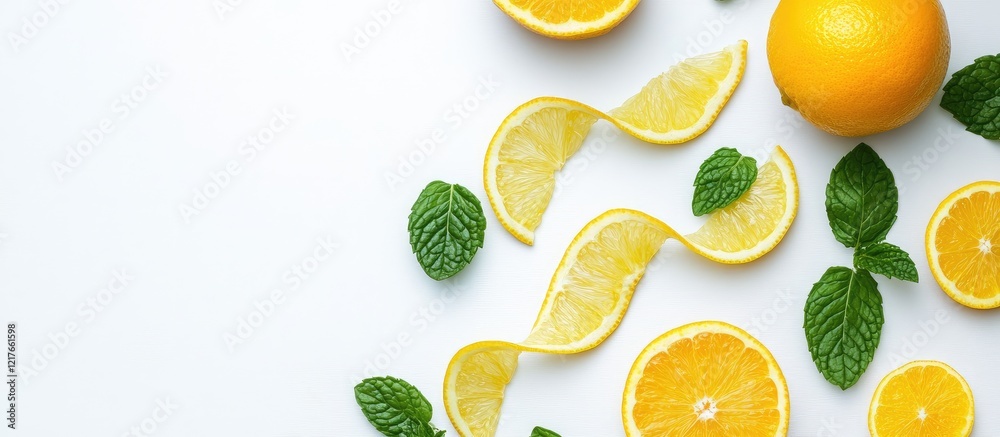 Poster Citrus fruits and mint leaves arranged in a double helix pattern on a white background with space for text or branding.