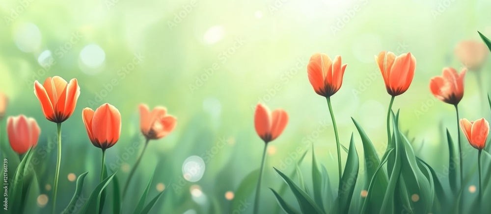 Poster blooming orange tulips in a vibrant garden with soft focus background and ample copyspace for text o