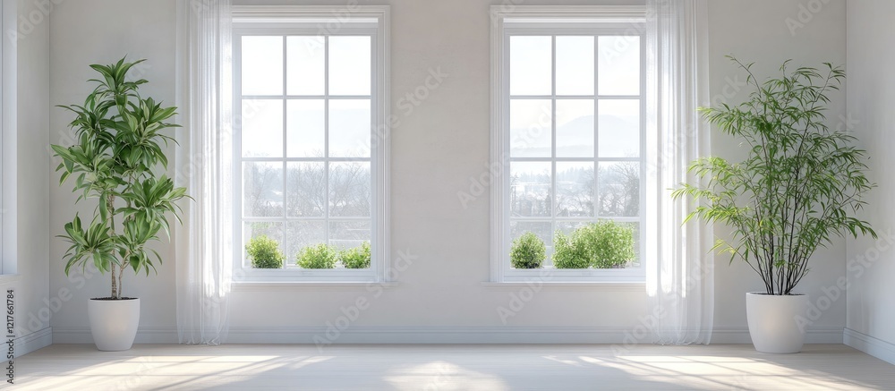 Poster bright minimalist bedroom featuring large windows, indoor plants, and ample empty space for customiz