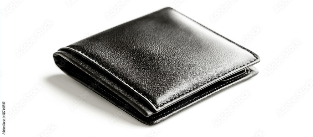 Poster stylish black wallet isolated on clean white background with ample copyspace for branding or marketi