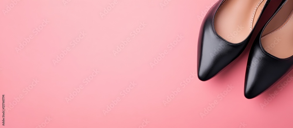 Poster black women's shoes on a pink background with ample copyspace for text and branding elements to enha