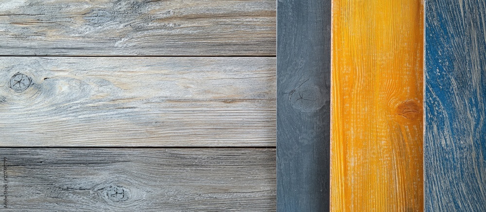 Aufkleber Vibrant Color Palette Accented on Rustic Gray Wood Surface with Blank Space for Textual Content