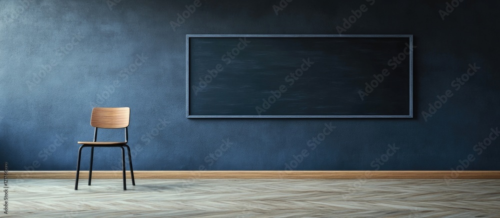 Poster empty classroom featuring blackboard and chair against dark wall with ample copyspace for educationa