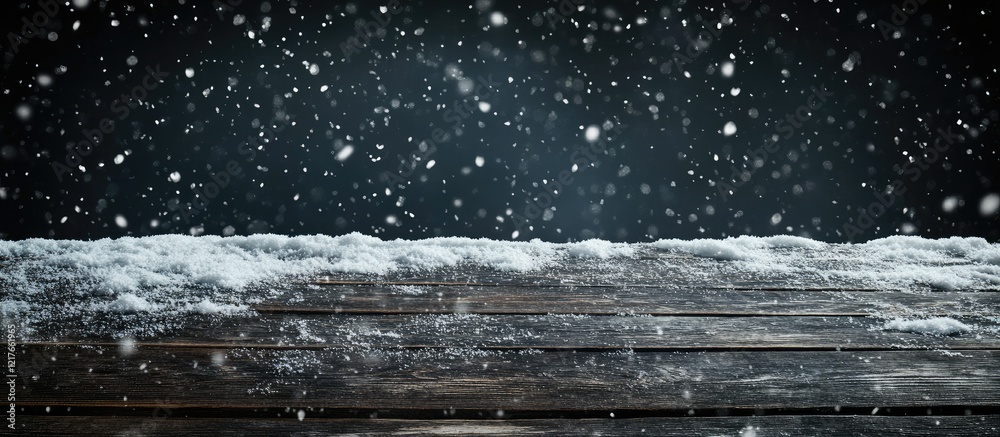 Poster rustic wooden table covered with snow on dark background perfect for winter themes and text overlay