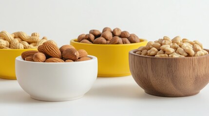 Assorted nuts in white yellow and wooden bowls displayed on a light surface for healthy snack and culinary concepts