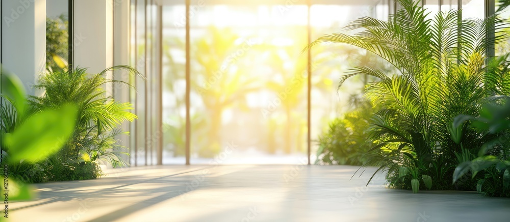 Poster luminous greenery embracing open office space bathed in natural light with room for text or branding